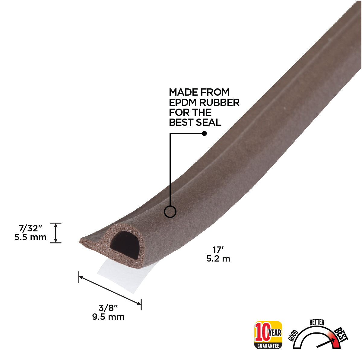 Premium Rubber Window Seal for Medium Gaps Brown / 7/32 in. x 3/8 in. x 17 in. Callout