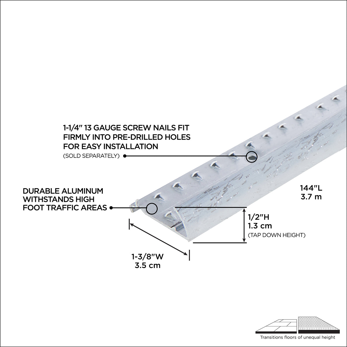 1-3/8 In. X 144 In. Aluminum Carpet Gripper w/ Teeth Hammered Silver Callout