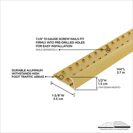 1-3/8 In. X 144 In. Aluminum Carpet Gripper w/ Teeth Hammered Satin Brass Callout