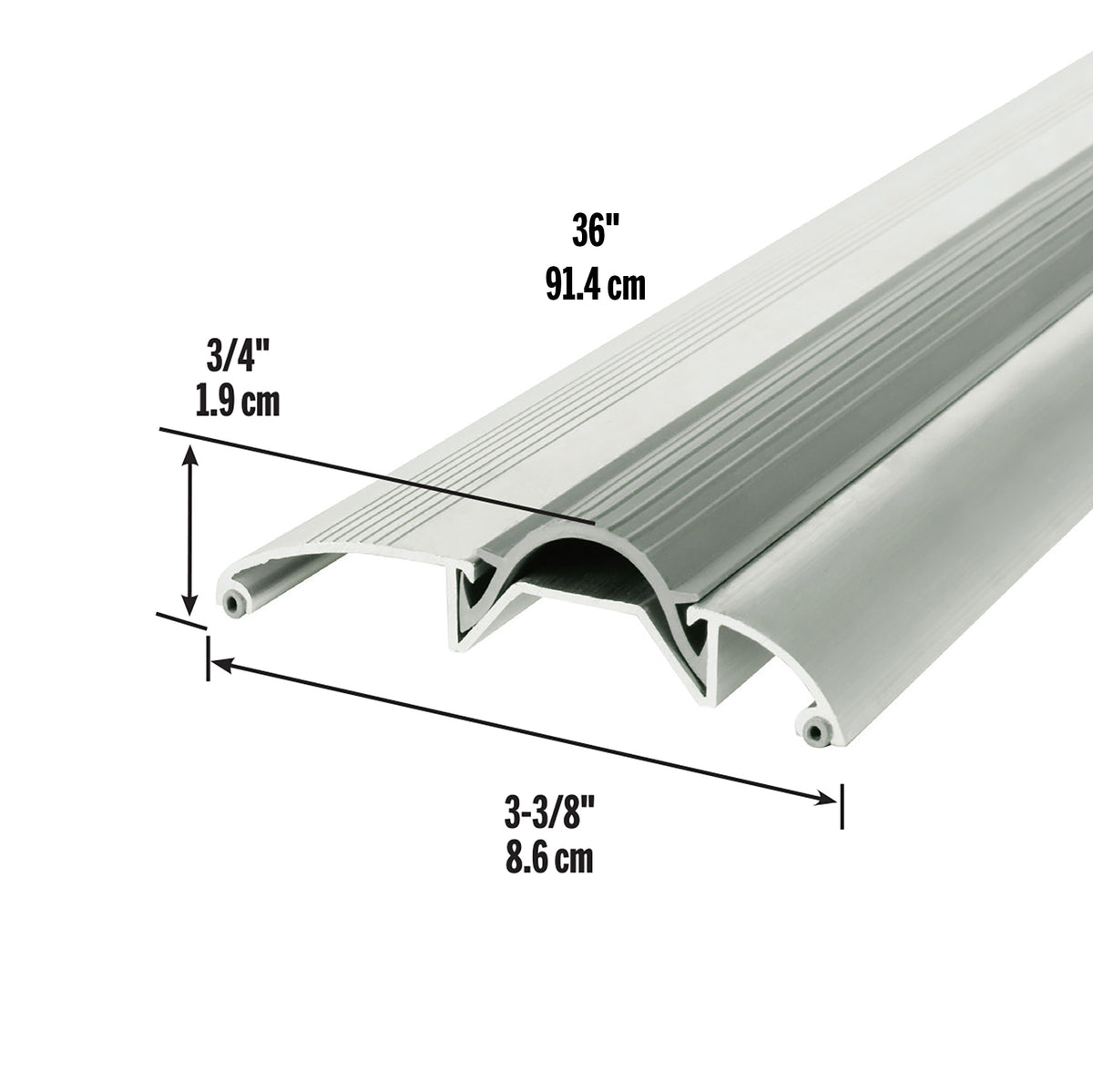 3-3/8 in. x 3/4 in. x 36 in. Silver Aluminum and Vinyl Low-Profile Threshold Default Title Dimensions Profile