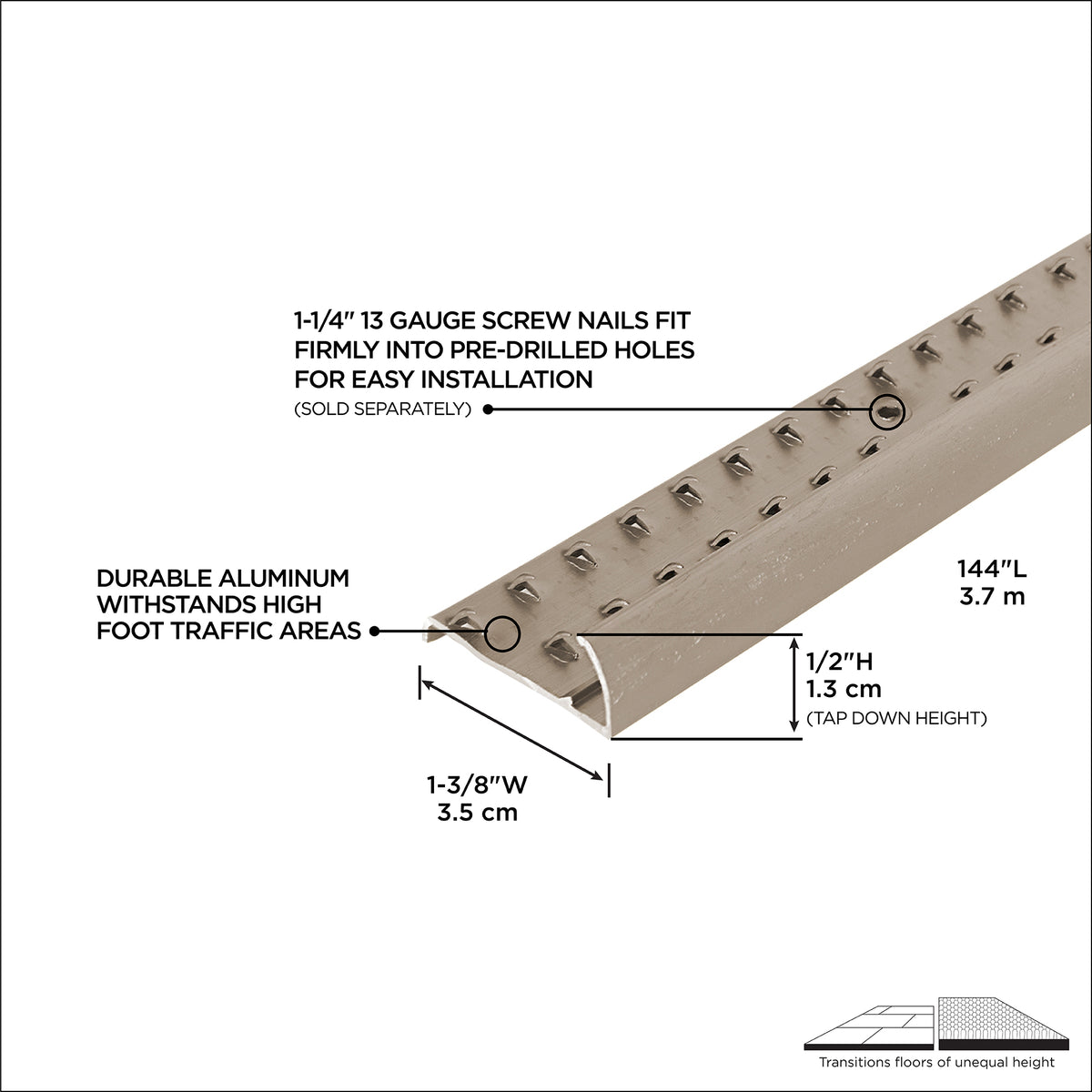 1-3/8 In. X 144 In. Aluminum Carpet Gripper w/ Teeth Hammered Pewter Callout