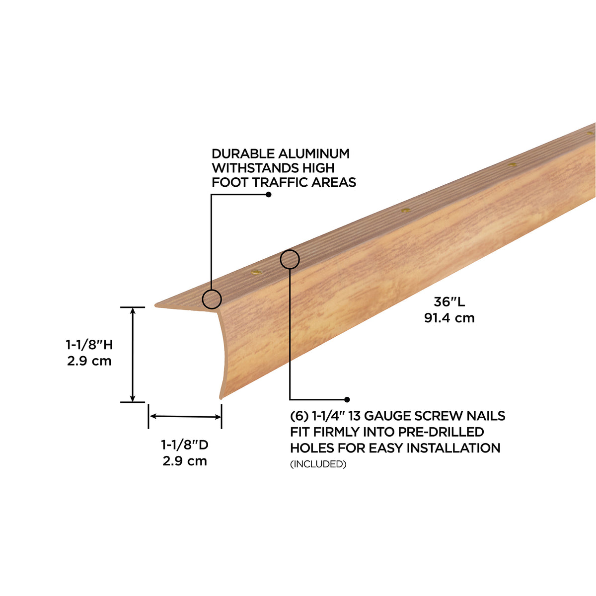 1-1/8 In. X 1-1/8 In. Aluminum METAL DECOR® Stair Edging w/ Screw Nails Oak / 36 in. Callout