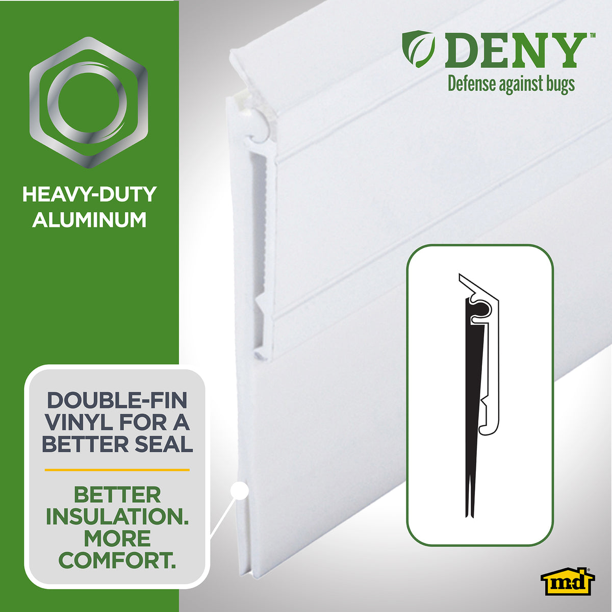 Aluminum and Vinyl DENY™ Heavy-duty Screw-on Door Sweep White Enhanced Graphic