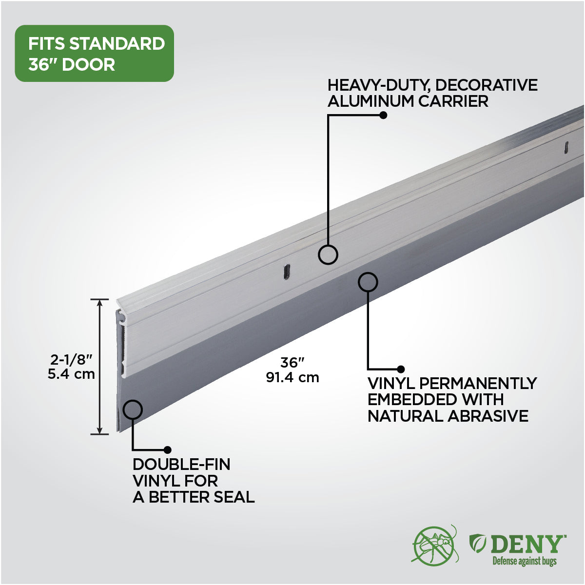 Aluminum and Vinyl DENY™ Heavy-duty Screw-on Door Sweep Silver Callout