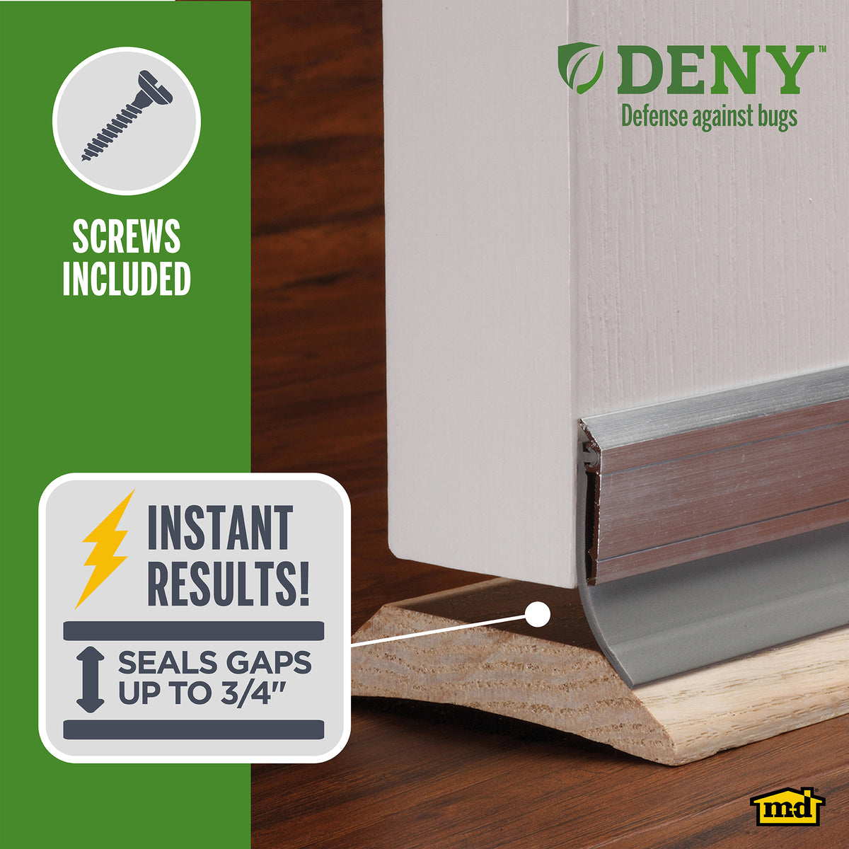 Aluminum and Vinyl DENY™ Heavy-duty Screw-on Door Sweep Silver Enhanced Graphic