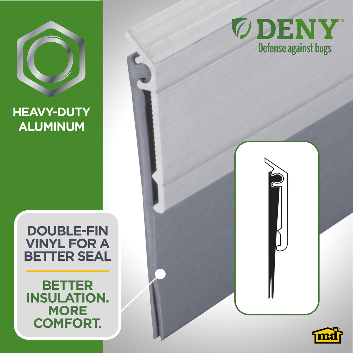 Aluminum and Vinyl DENY™ Heavy-duty Screw-on Door Sweep Silver Enhanced Graphic