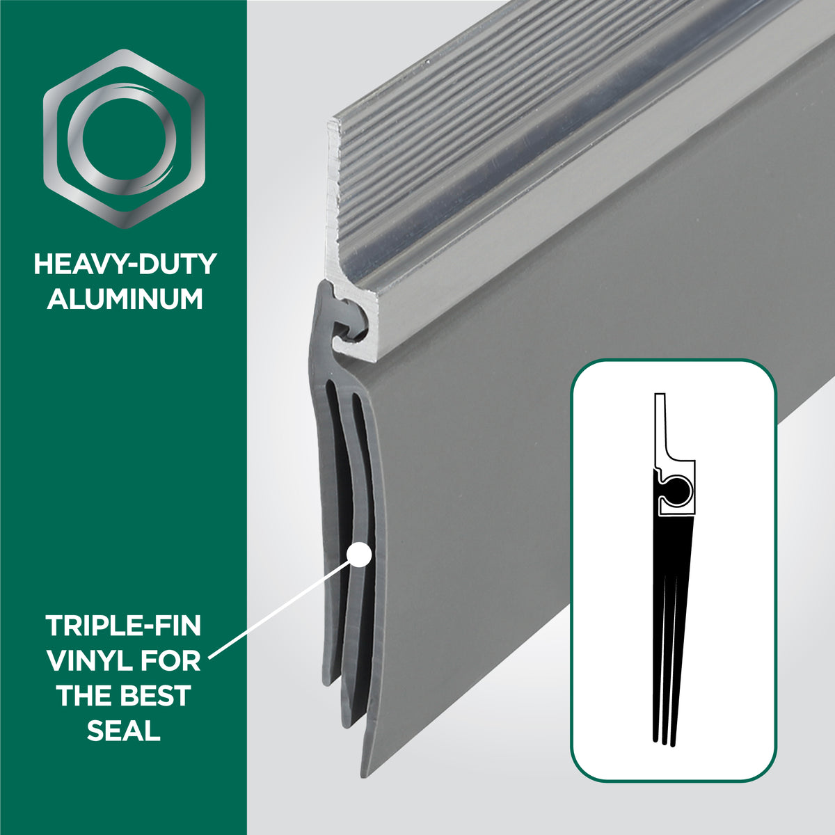 Aluminum and Vinyl CINCH® Self-adhesive Door Sweep Silver Enhanced Graphic