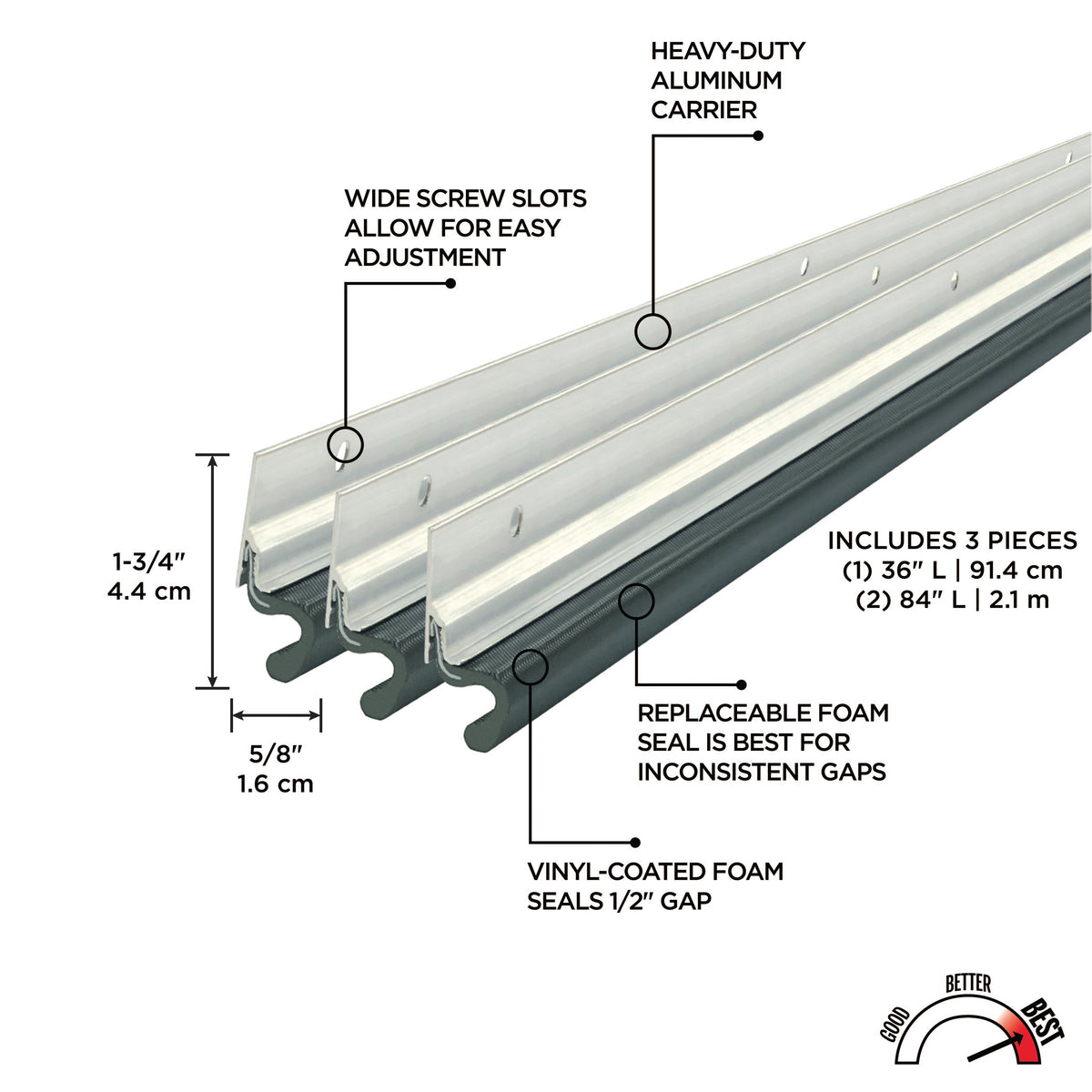 Aluminum and Vinyl-coated Foam Heavy-duty Screw-on Top and Sides Door Seal Kit Silver Callout