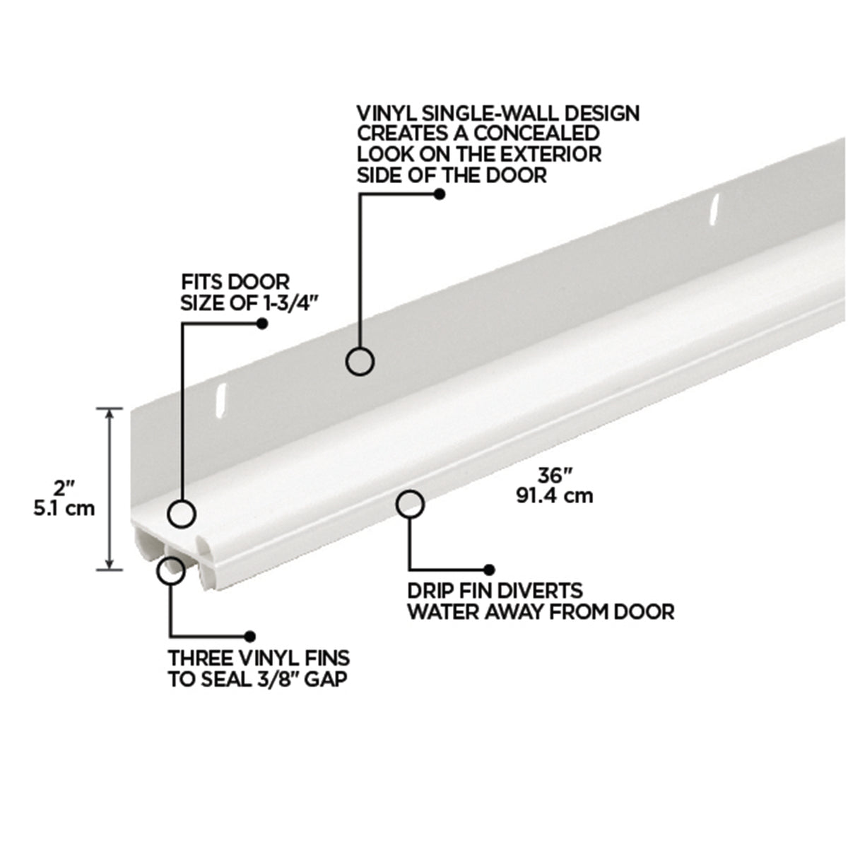 36 in. Vinyl L-Shape Screw-on Under Door Seal White / Residential Callout