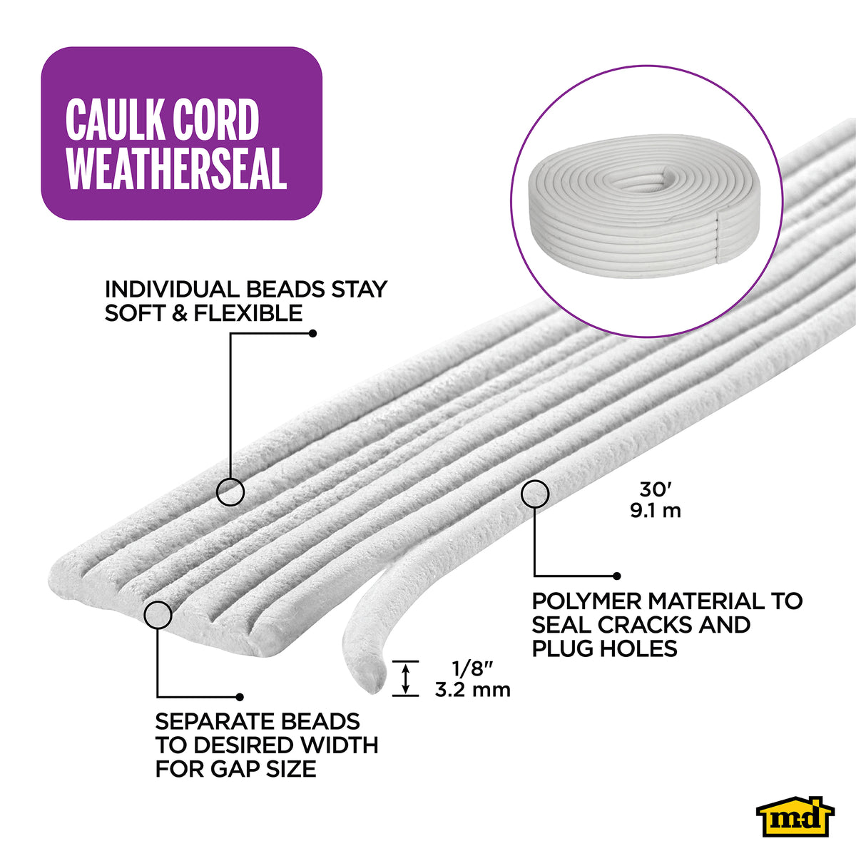 Replaceable Caulk Cord Weatherseal for Small Gaps & Cracks White / 30 ft. Callout