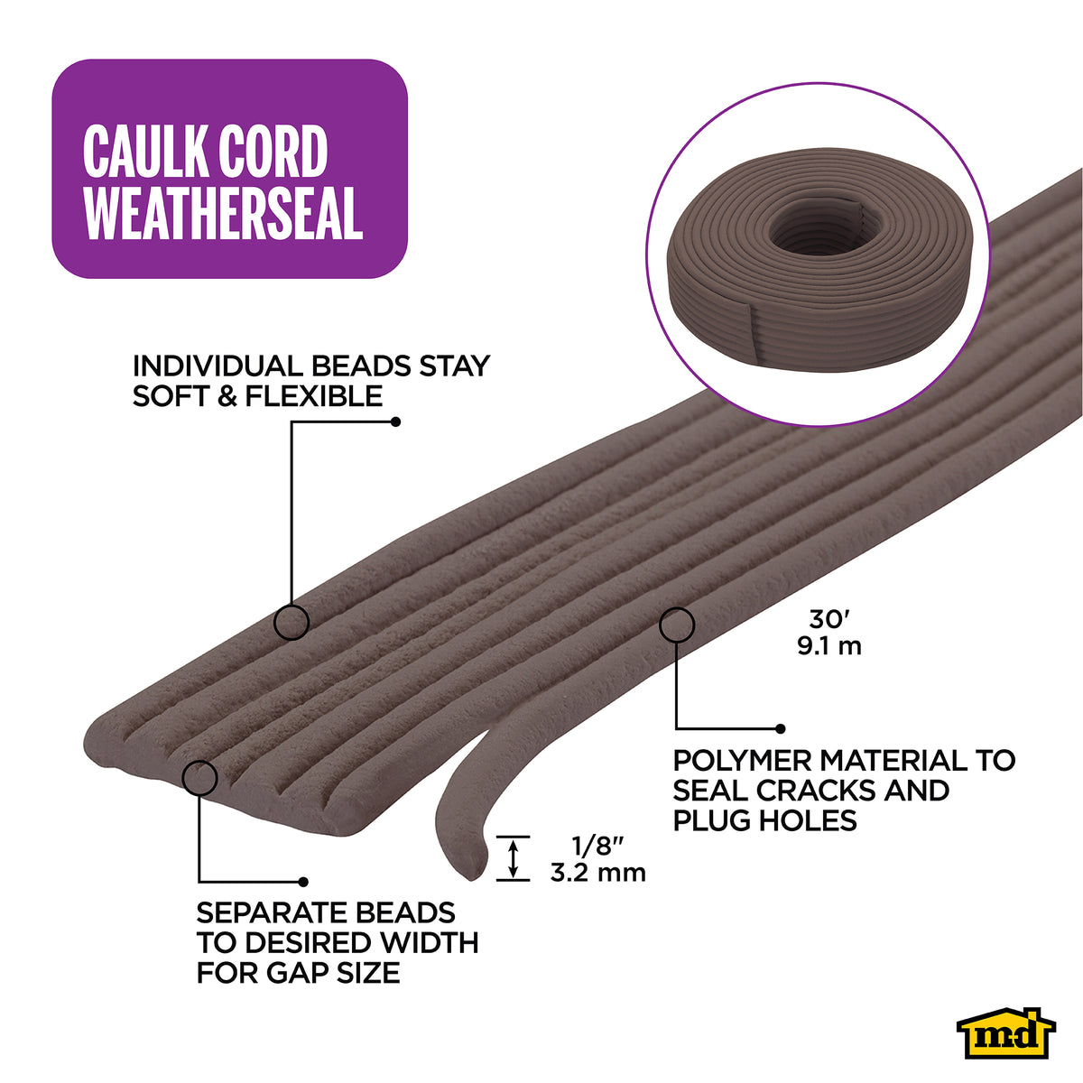 Replaceable Caulk Cord Weatherseal for Small Gaps & Cracks Brown / 30 ft. Callout