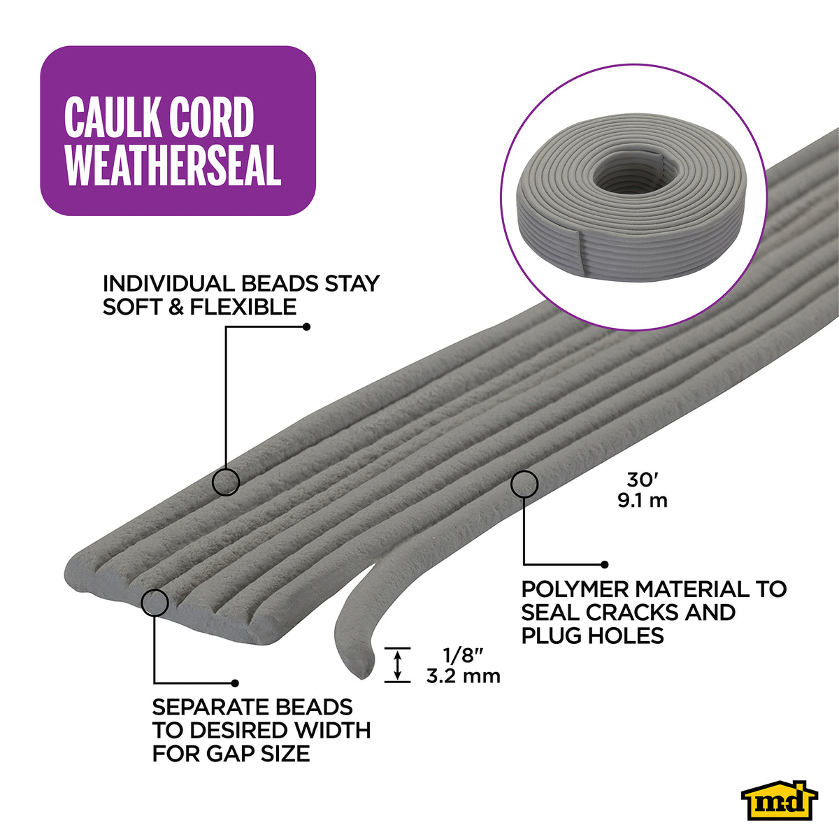 Replaceable Caulk Cord Weatherseal for Small Gaps & Cracks Gray / 30 ft. Callout