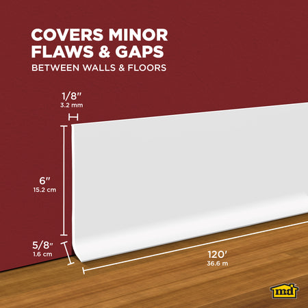6 in. x 120 ft. Commercial Grade Vinyl Wall Base Snow White Callout