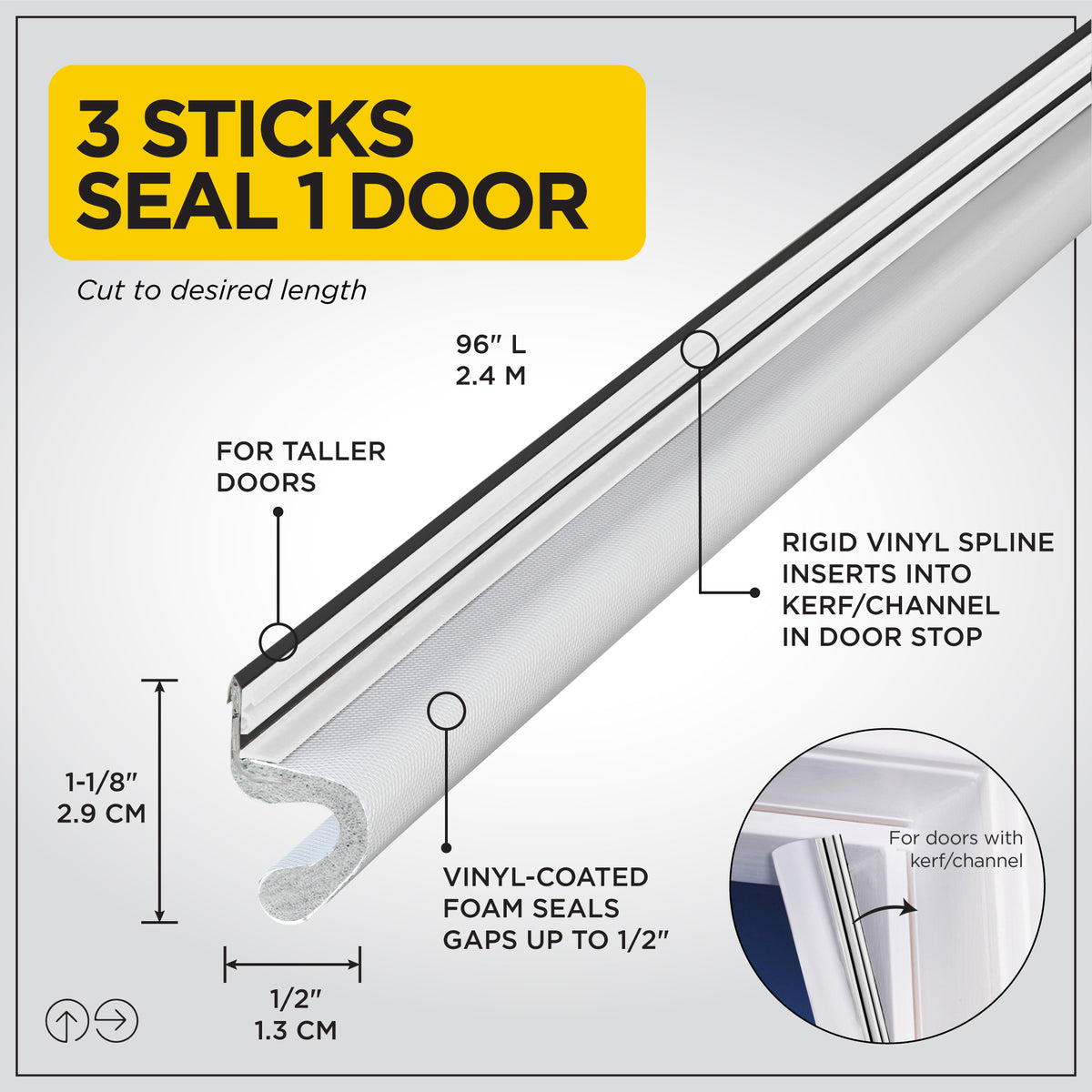 Vinyl-coated Foam Top and Sides Door Seal for Doors with Kerf/Channel White / 96 in. Callout