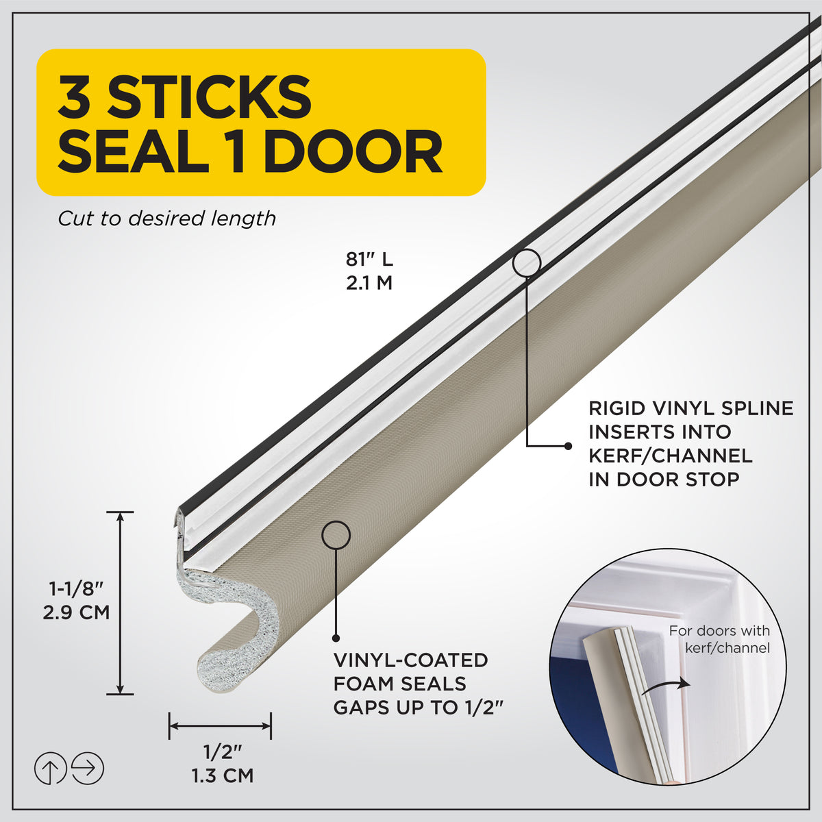 Vinyl-coated Foam Top and Sides Door Seal for Doors with Kerf/Channel Beige / 81 in. Callout