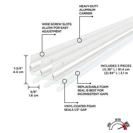 Aluminum and Vinyl-coated Foam Heavy-duty Screw-on Top and Sides Door Seal Kit White Callout